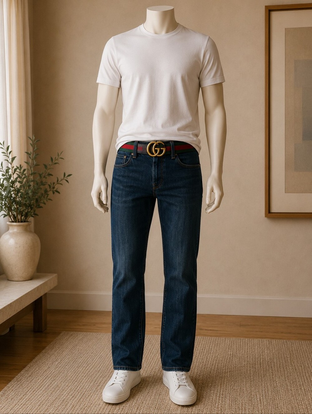Gucci Green and Red Web Belt with Aged Gold Double G Buckle 95-38